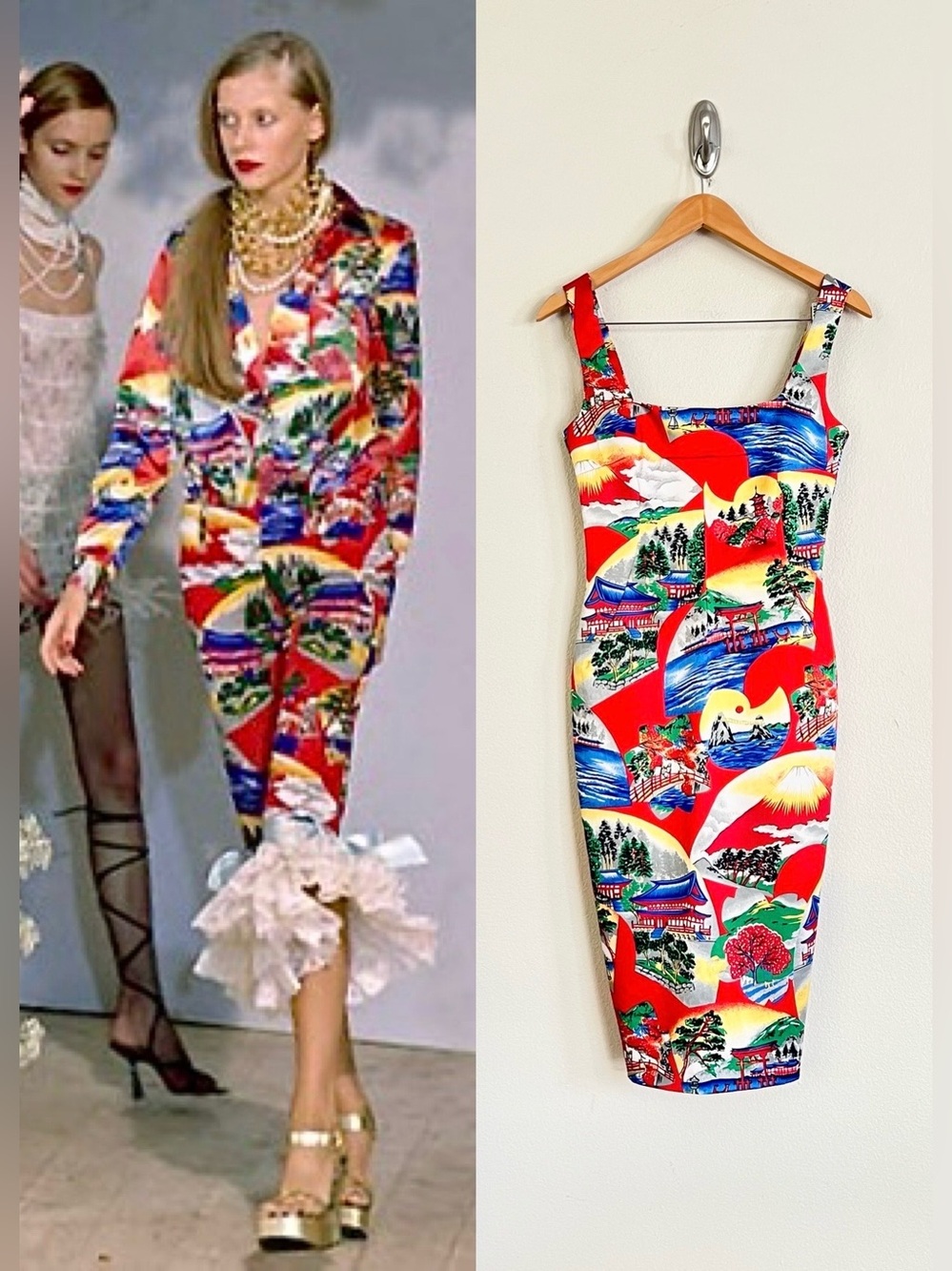 Vintage DOLCE & GABBANA S/S 2000 Japanese Scenes Printed Satin Slip Dress in Red - Picture 1 of 13